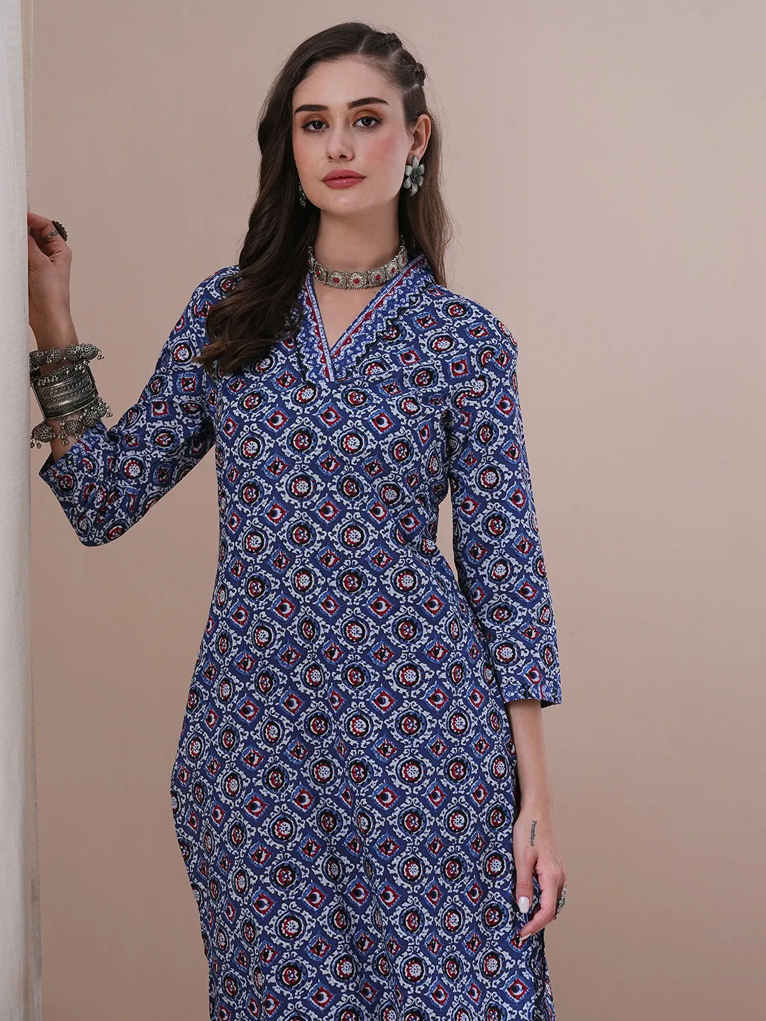 Ethnic Floral Printed & Sequin Embroidered Straight Fit Kurta - Blue