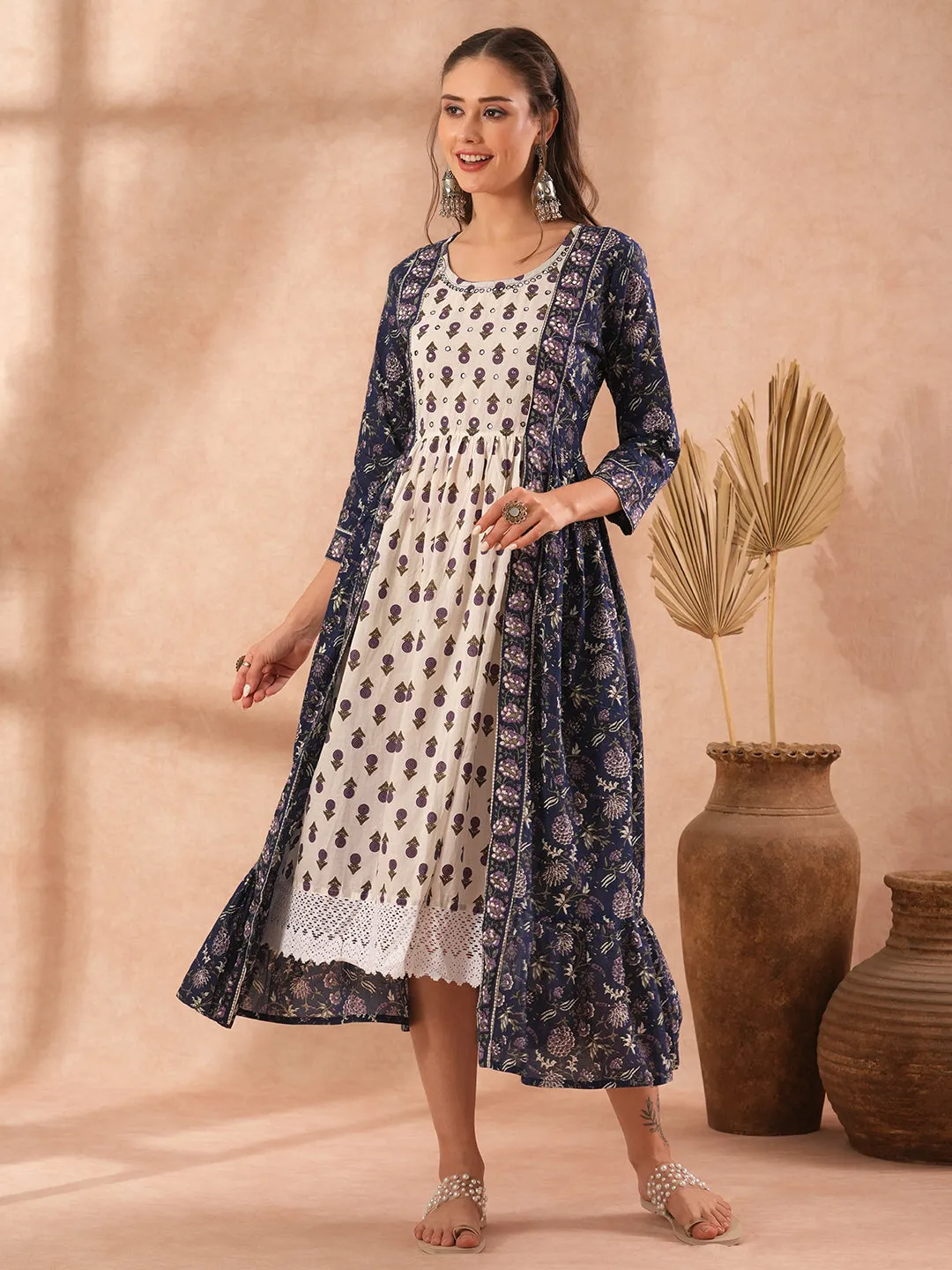 Ethnic Floral Printed Embroidered A-Line Pleated Midi Dress - Blue