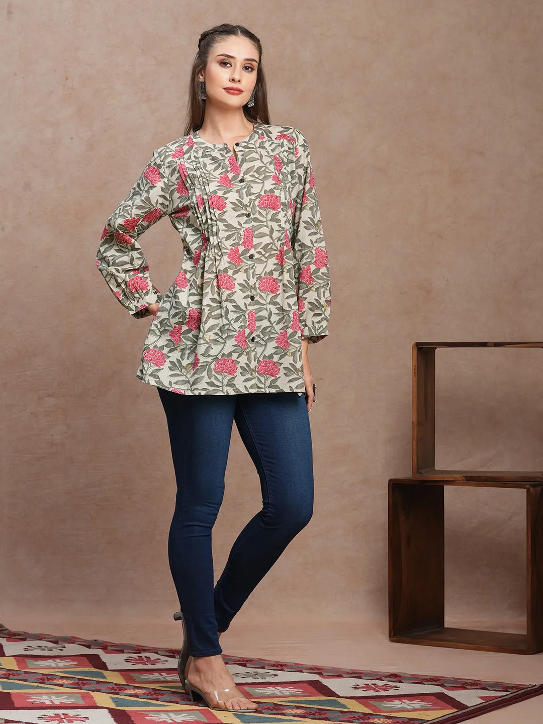 Ethnic Floral Printed Pin Tucked A-Line Pleated Kurti - Multi