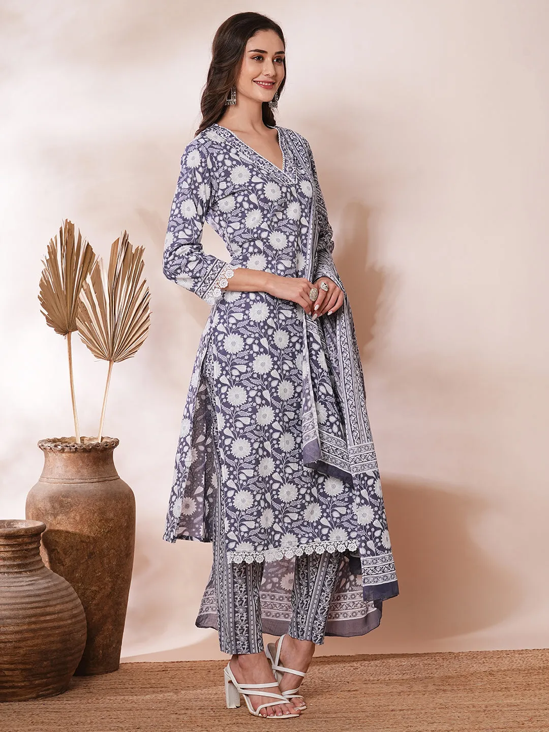 Ethnic Floral Printed Straight Fit Kurta with Pant and Pure Cotton Dupatta - Purple