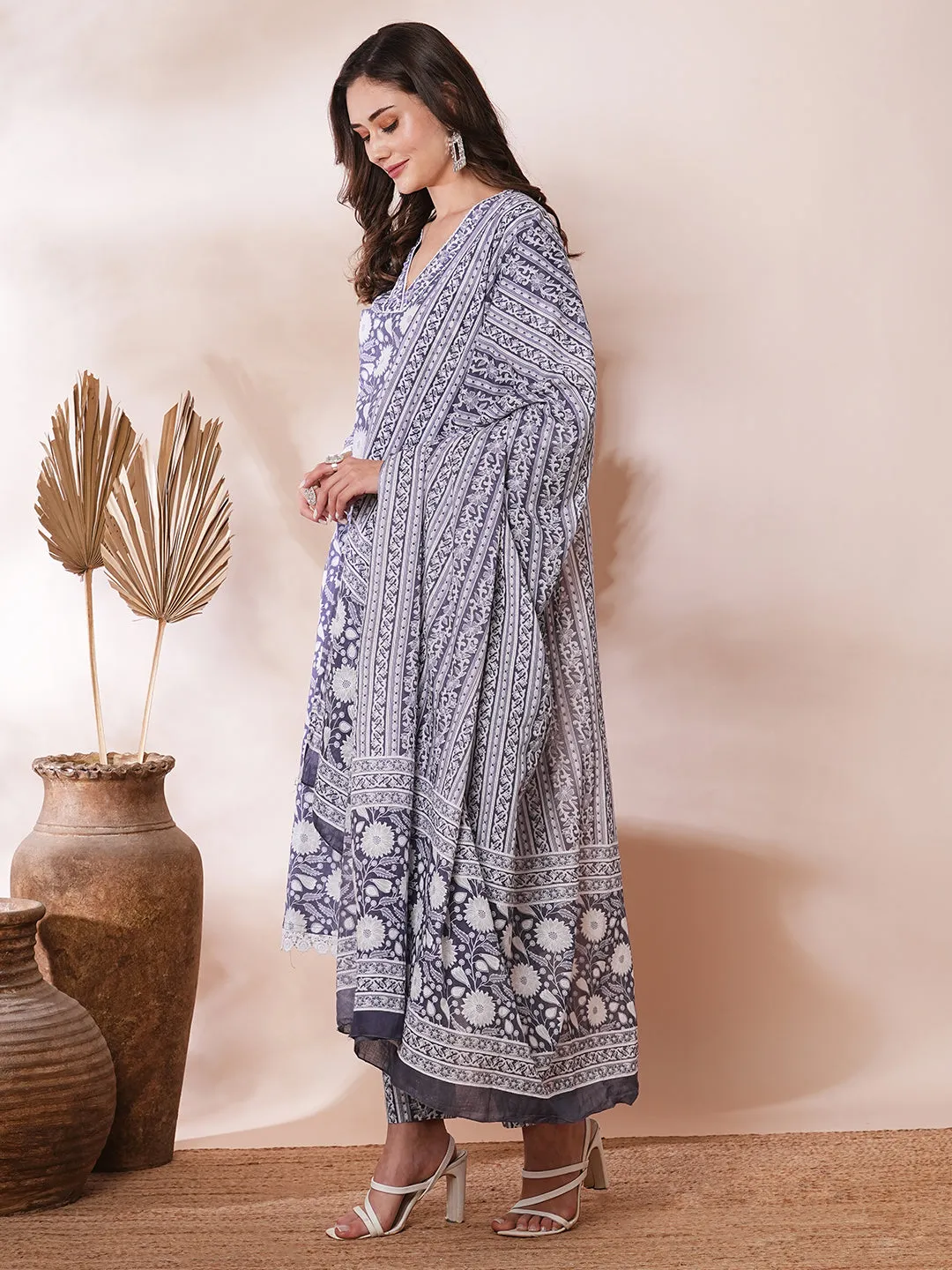 Ethnic Floral Printed Straight Fit Kurta with Pant and Pure Cotton Dupatta - Purple