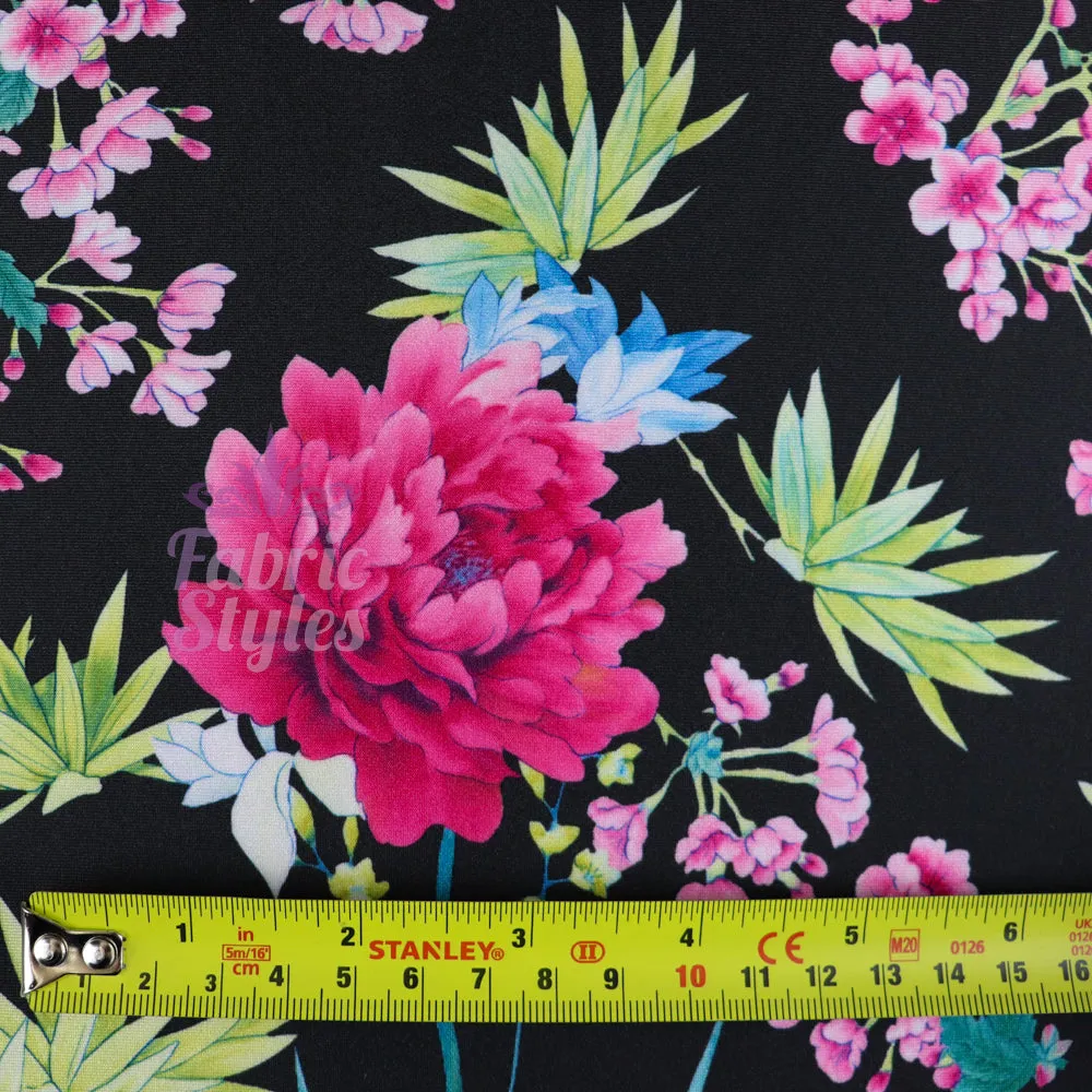 FS132_2 Tropical Floral Silky Stretch Knit Fabric Black & Scuba Crepe Stretch Knit Fabric