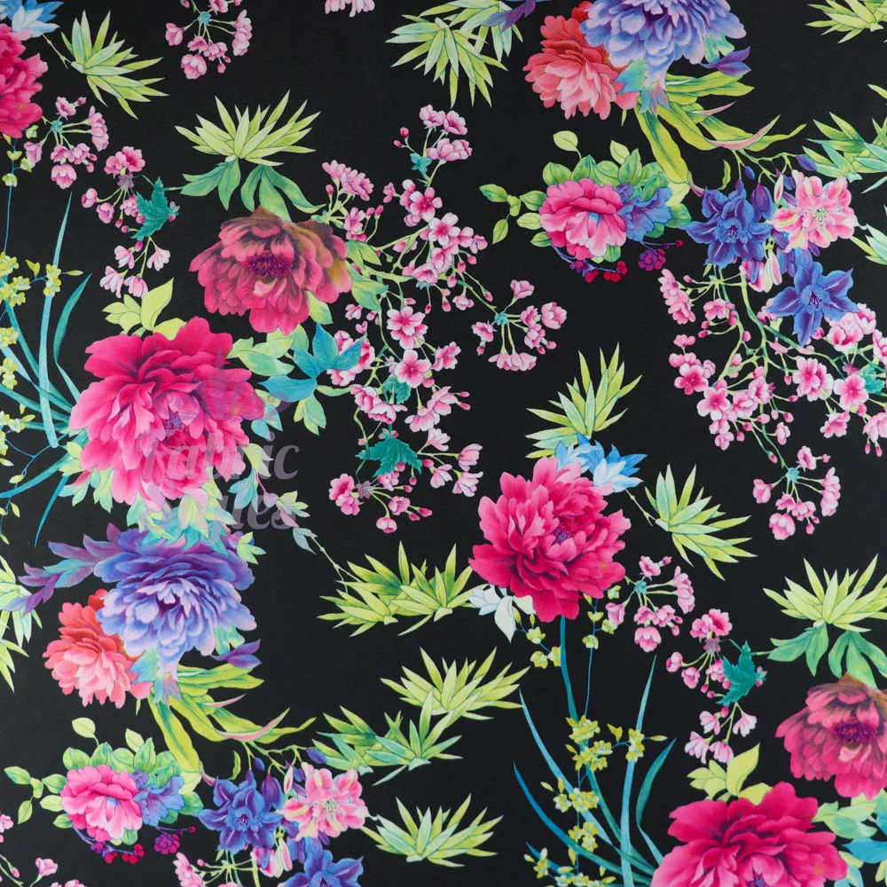 FS132_2 Tropical Floral Silky Stretch Knit Fabric Black & Scuba Crepe Stretch Knit Fabric