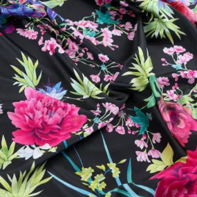 FS132_2 Tropical Floral Silky Stretch Knit Fabric Black & Scuba Crepe Stretch Knit Fabric