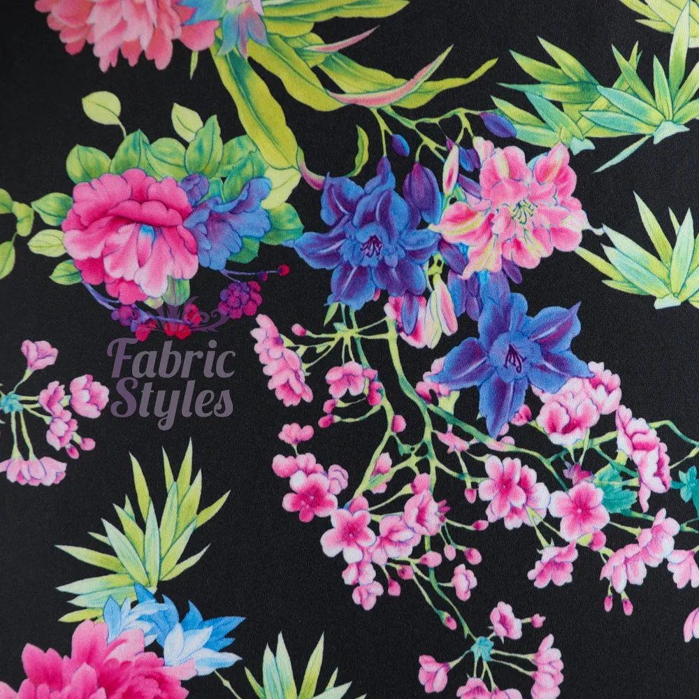 FS132_2 Tropical Floral Silky Stretch Knit Fabric Black & Scuba Crepe Stretch Knit Fabric