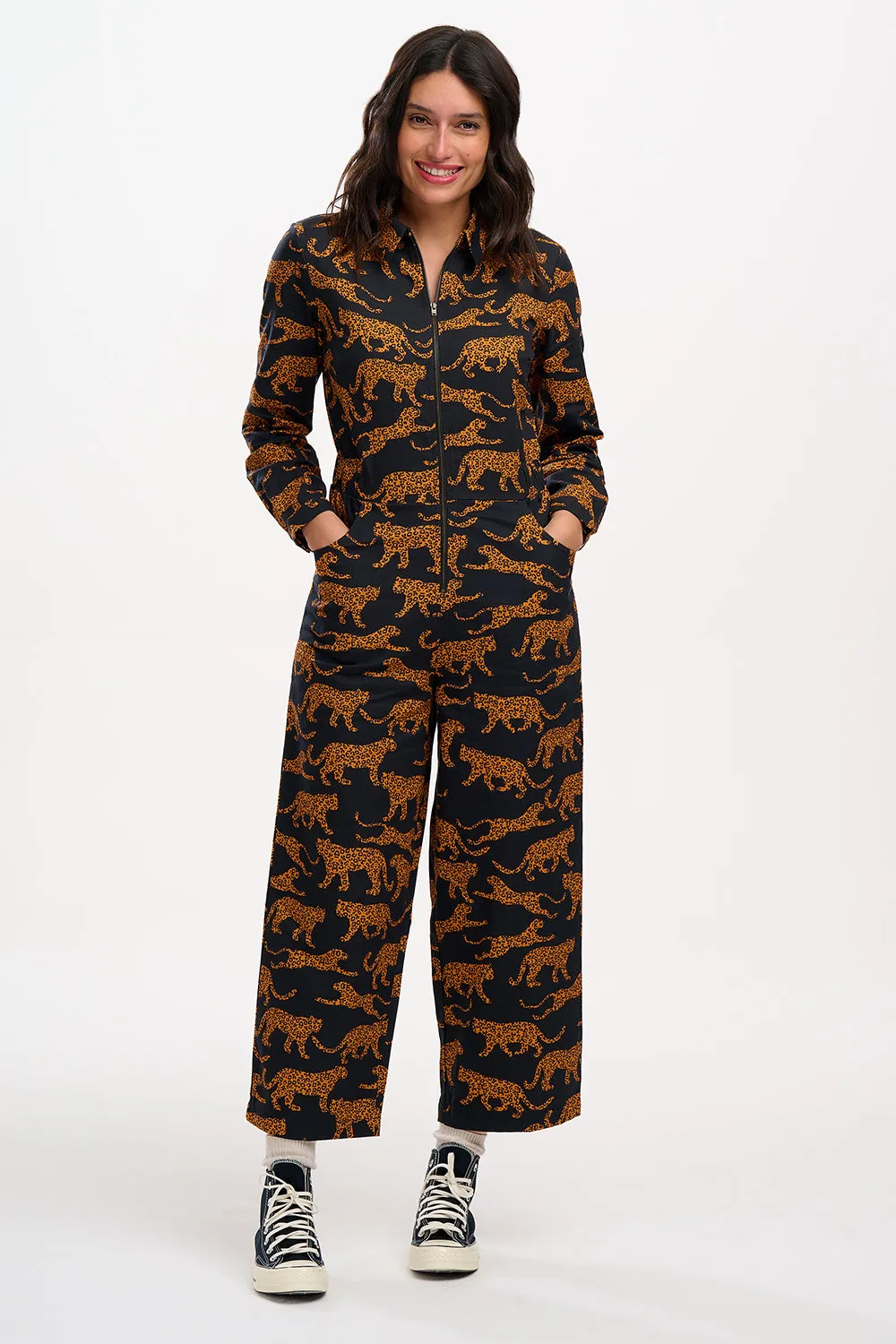 Gertie Cropped Jumpsuit - Black/Tan, Large Leopards