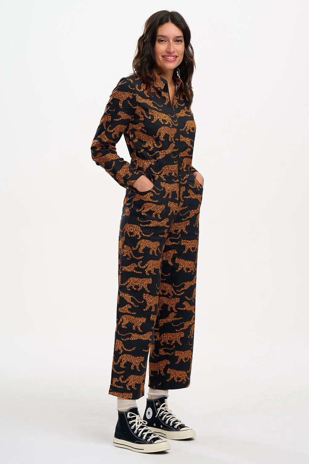 Gertie Cropped Jumpsuit - Black/Tan, Large Leopards