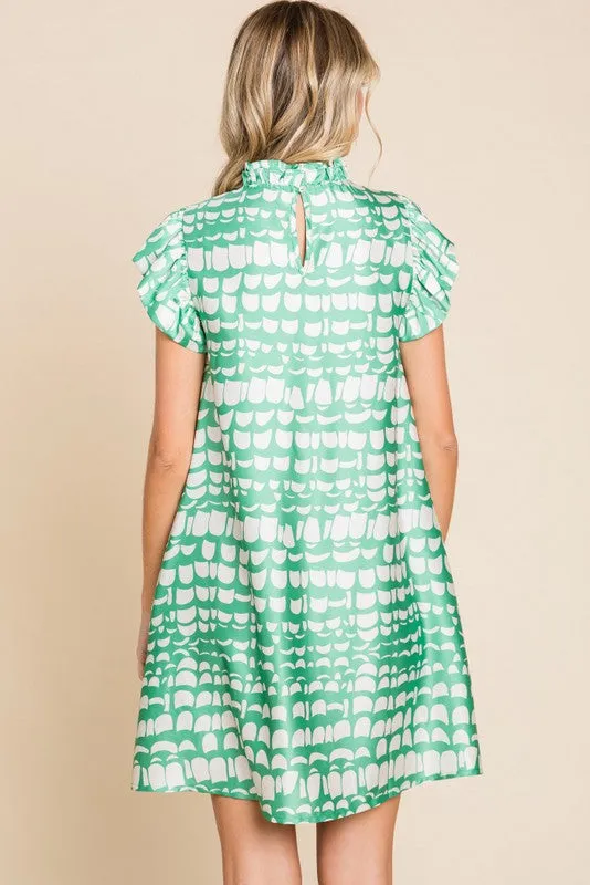 GREEN AND WHITE SATIN PRINT DRESS WITH POCKETS