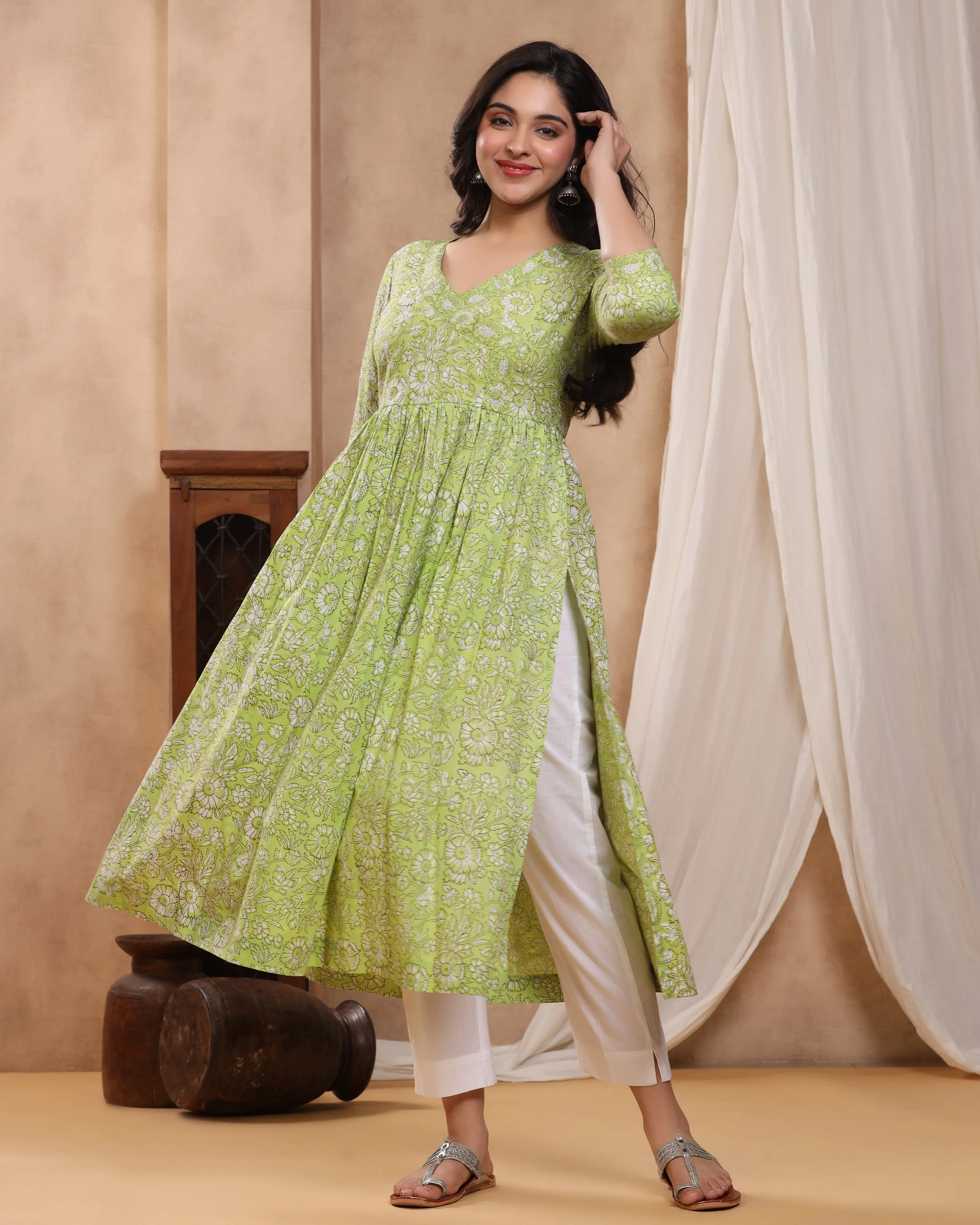 Green Dabu Hand Block Printed Cotton Gathered Kurti