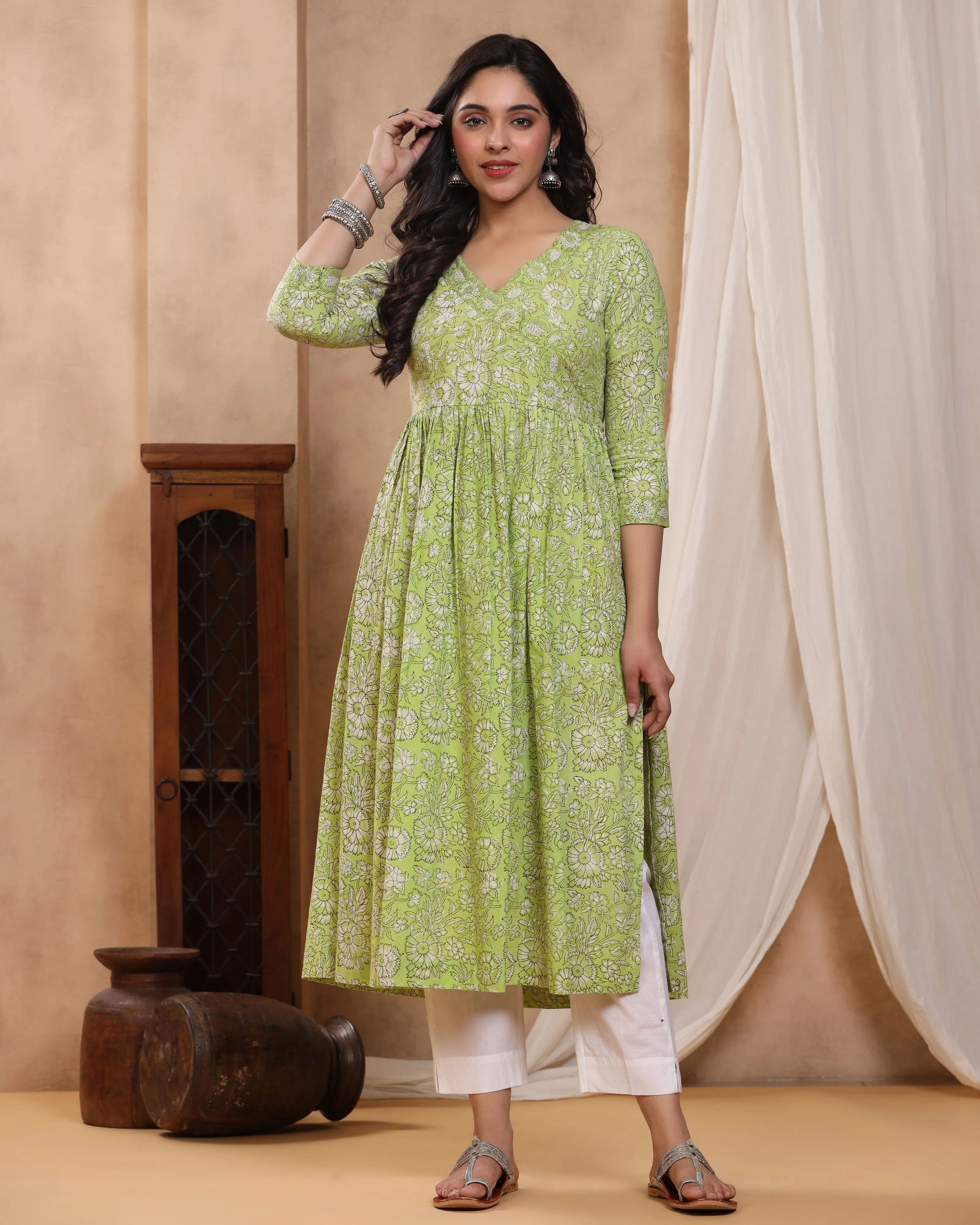 Green Dabu Hand Block Printed Cotton Gathered Kurti