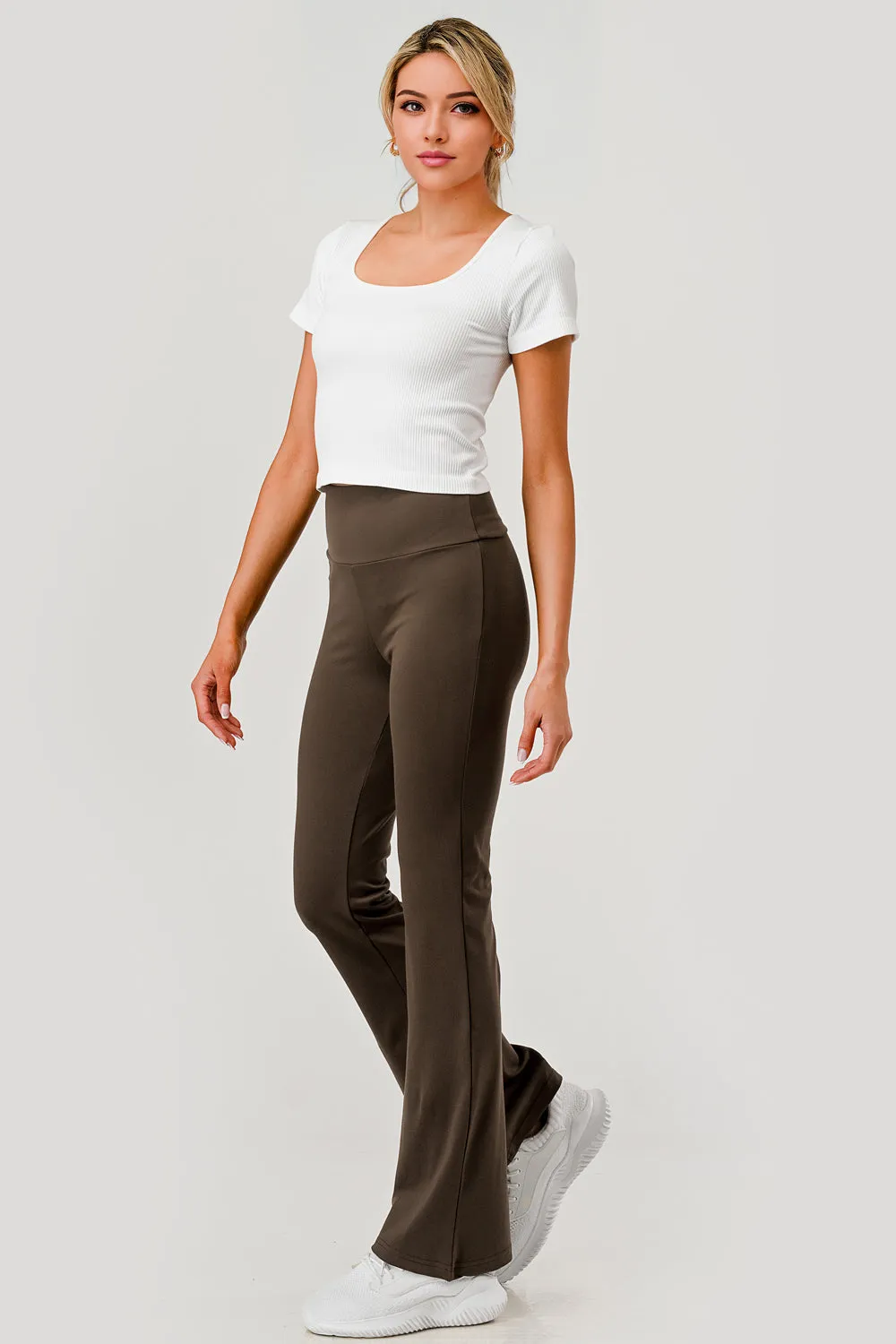 Soft Brushed Stretch Knit High Waist Flare Pants in Chocolate Brown