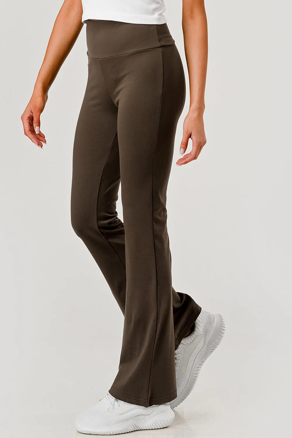 Soft Brushed Stretch Knit High Waist Flare Pants in Chocolate Brown