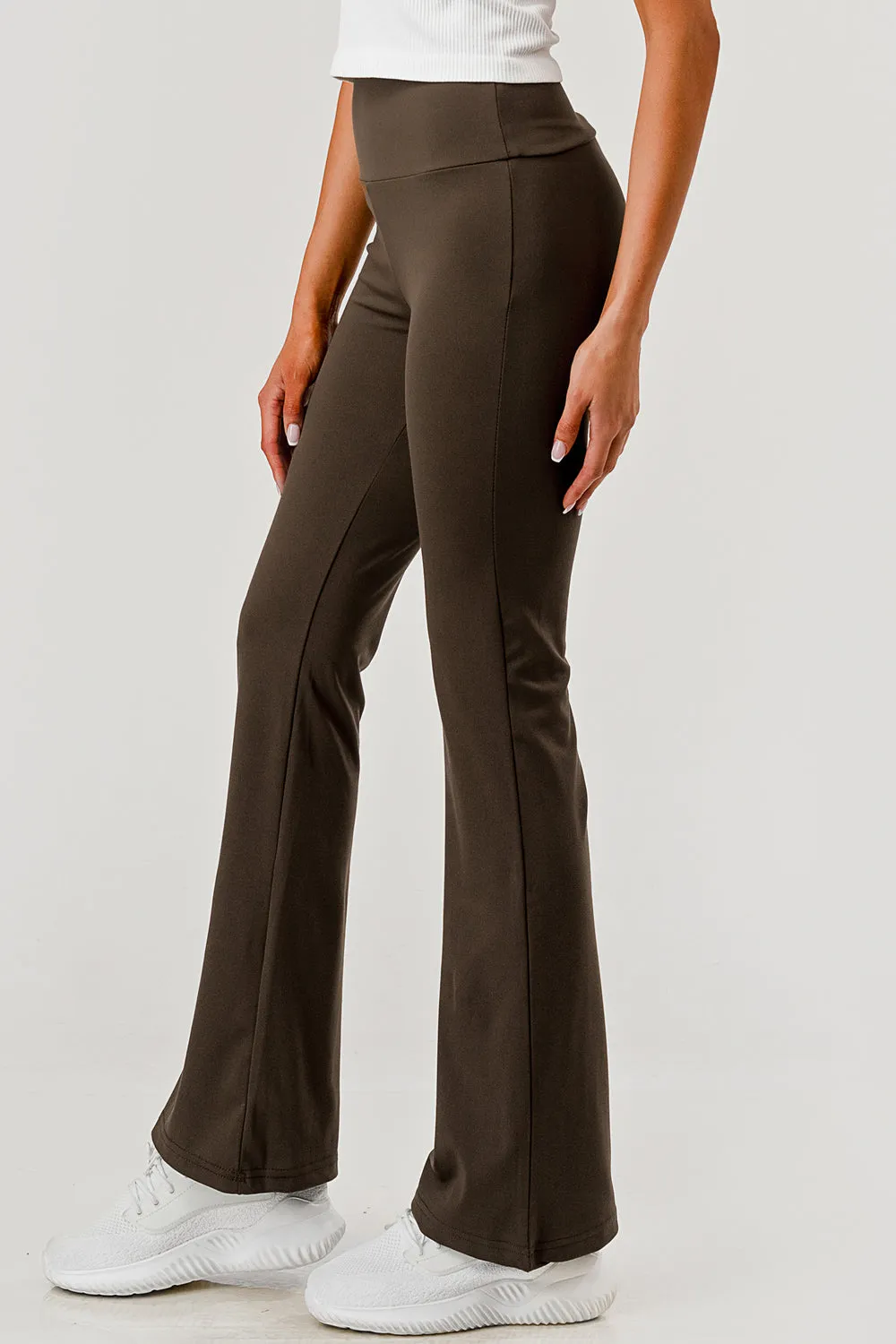 Soft Brushed Stretch Knit High Waist Flare Pants in Chocolate Brown