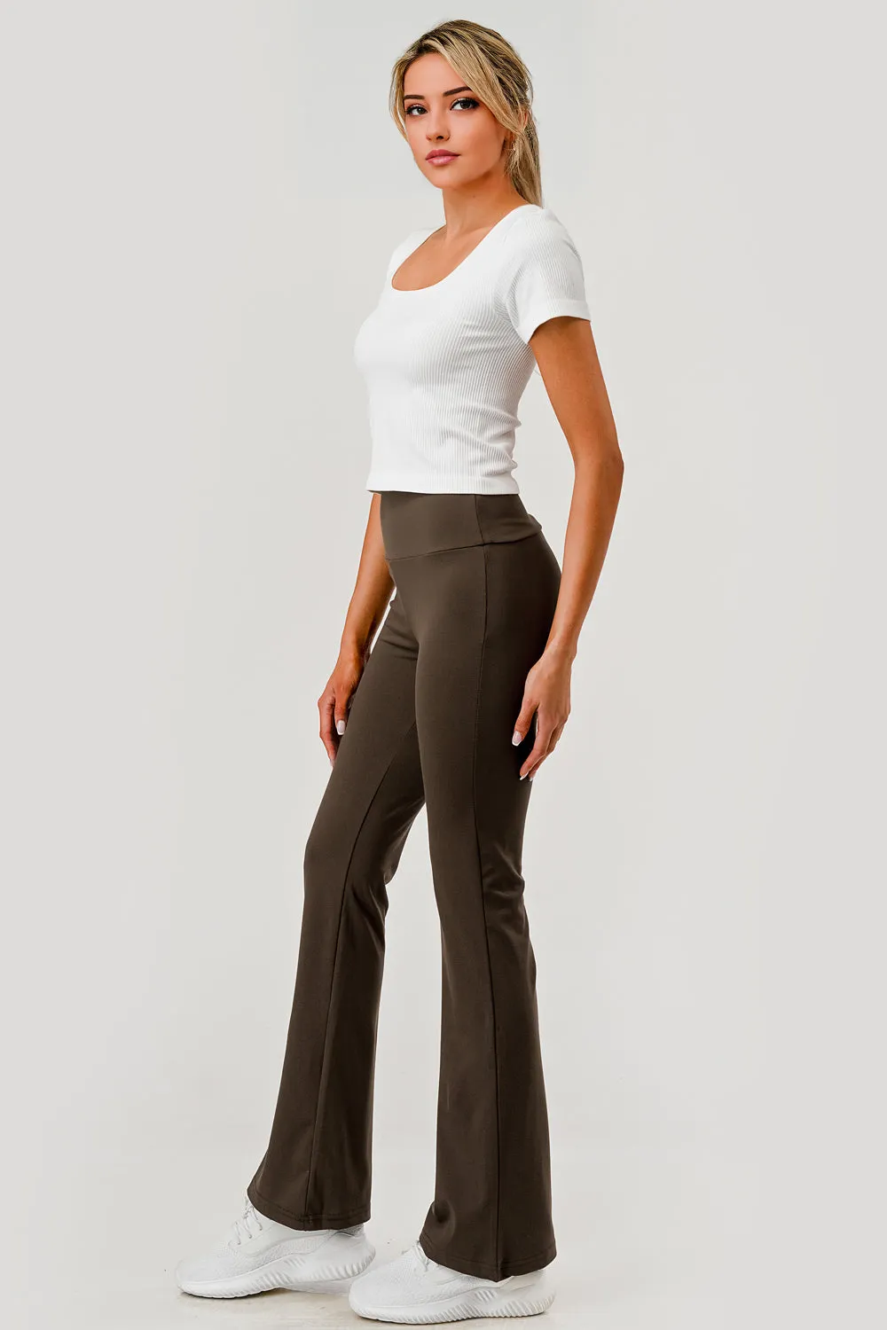 Soft Brushed Stretch Knit High Waist Flare Pants in Chocolate Brown