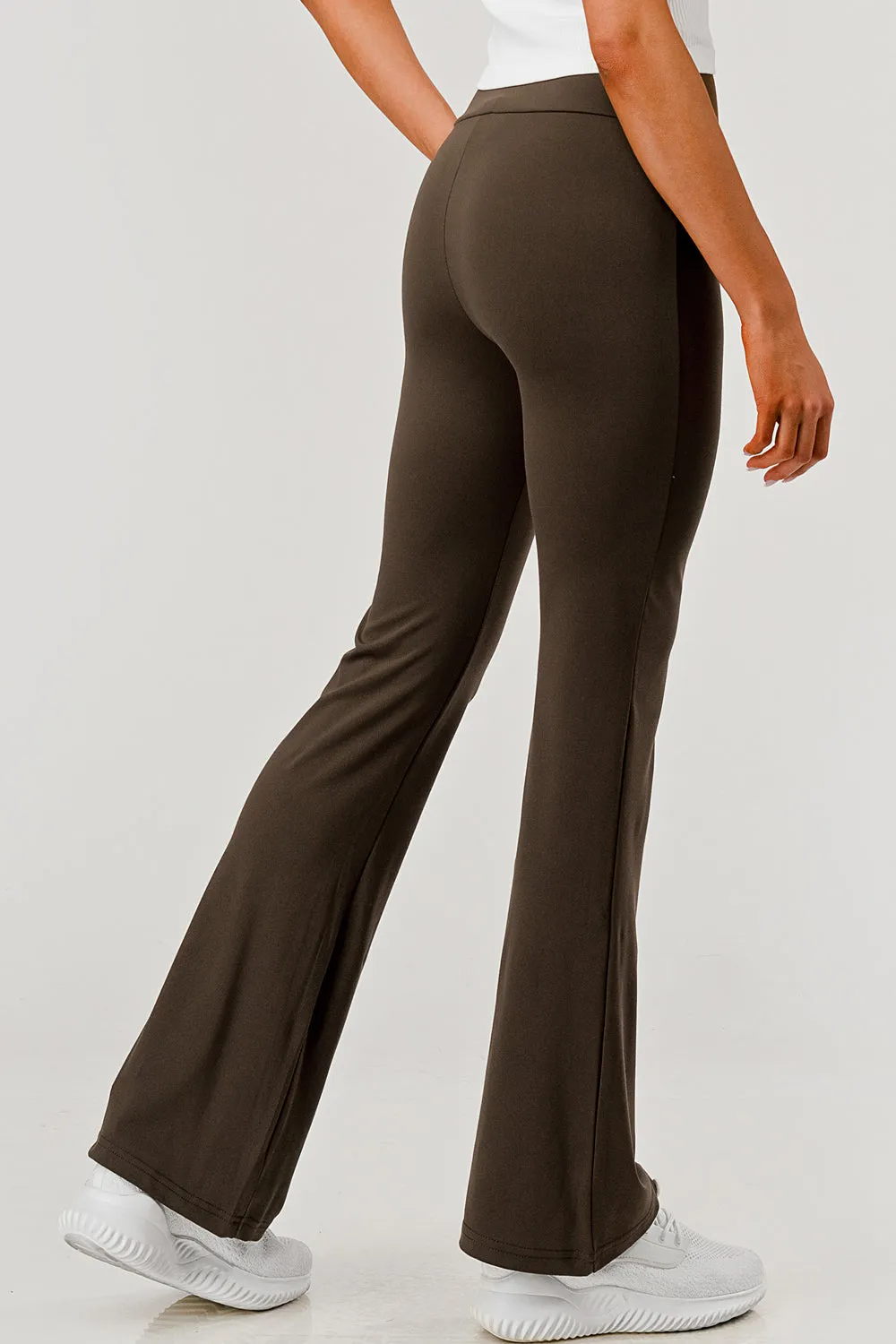 Soft Brushed Stretch Knit High Waist Flare Pants in Chocolate Brown