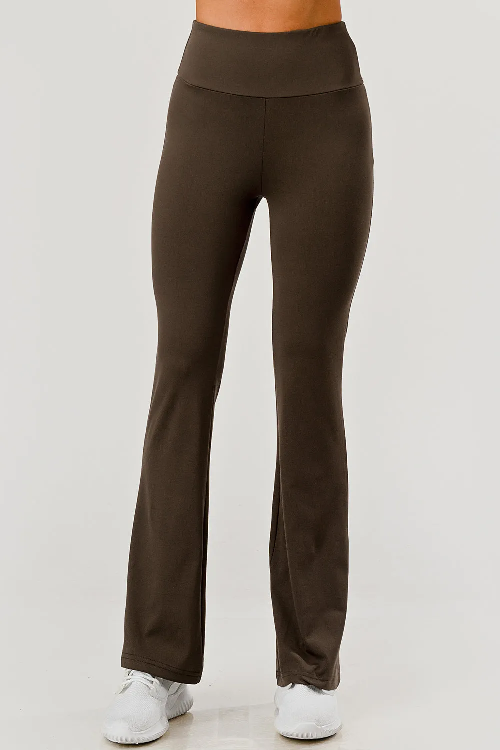 Soft Brushed Stretch Knit High Waist Flare Pants in Chocolate Brown