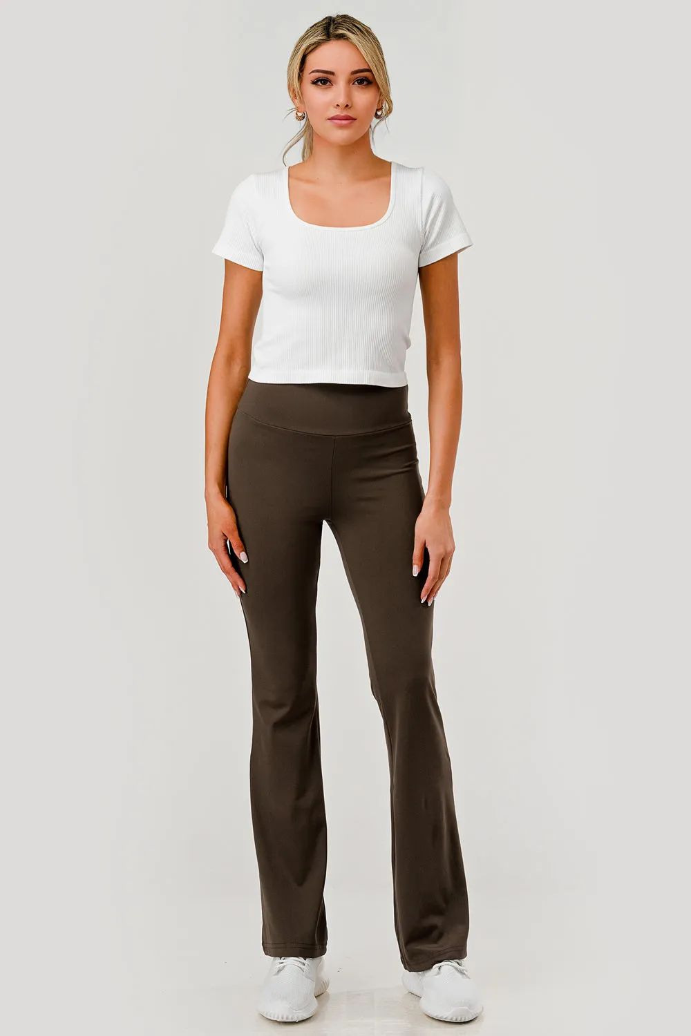 Soft Brushed Stretch Knit High Waist Flare Pants in Chocolate Brown