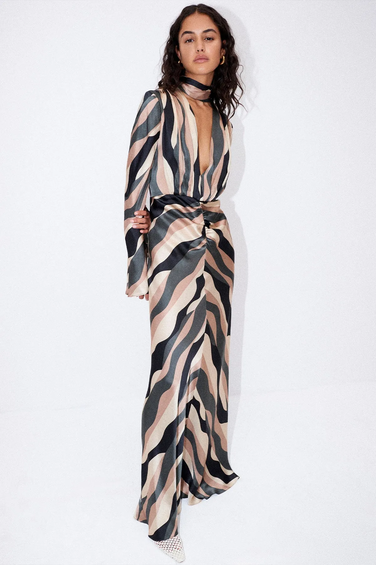 KORI SILK PLUNGED LONG SLEEVE MAXI DRESS