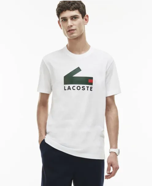 LACOSTE MEN'S CREW NECK GRAPHIC CROCODILE BRANDING COTTON JERSEY T-SHIRT WHT