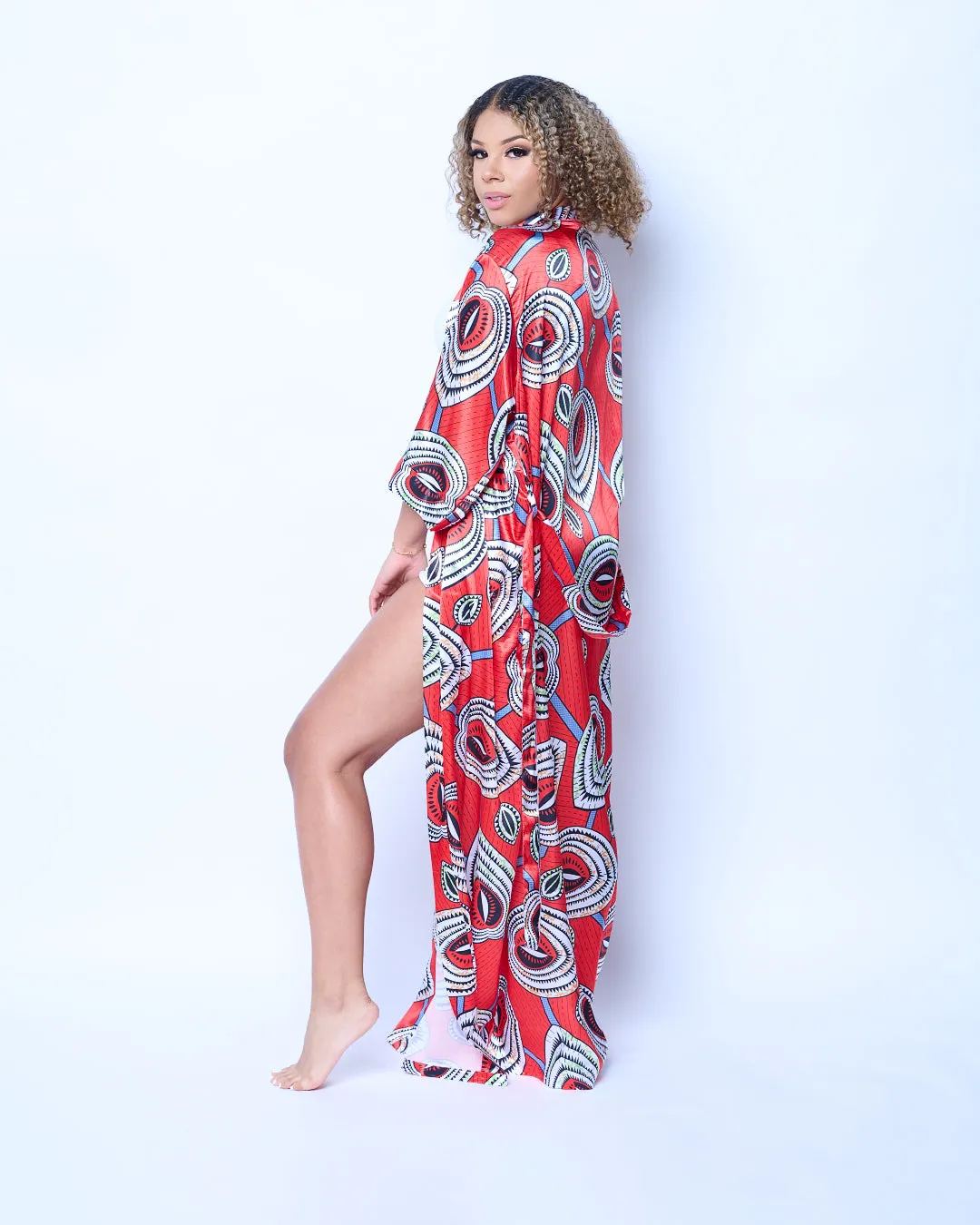 Long African Print Satin Robe Red