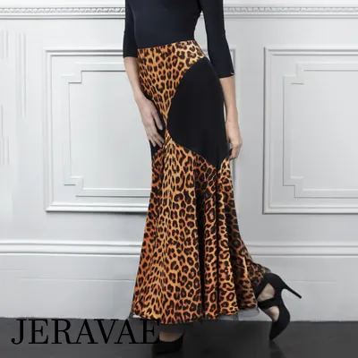 Long Brown and Black Cheetah Print Ballroom Practice Skirt with Color Blocking and Soft Hem Sizes S-3XL PRA 647