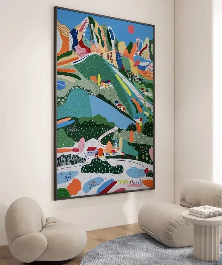 Mountain Village Colorful Print Wall Art with Frame