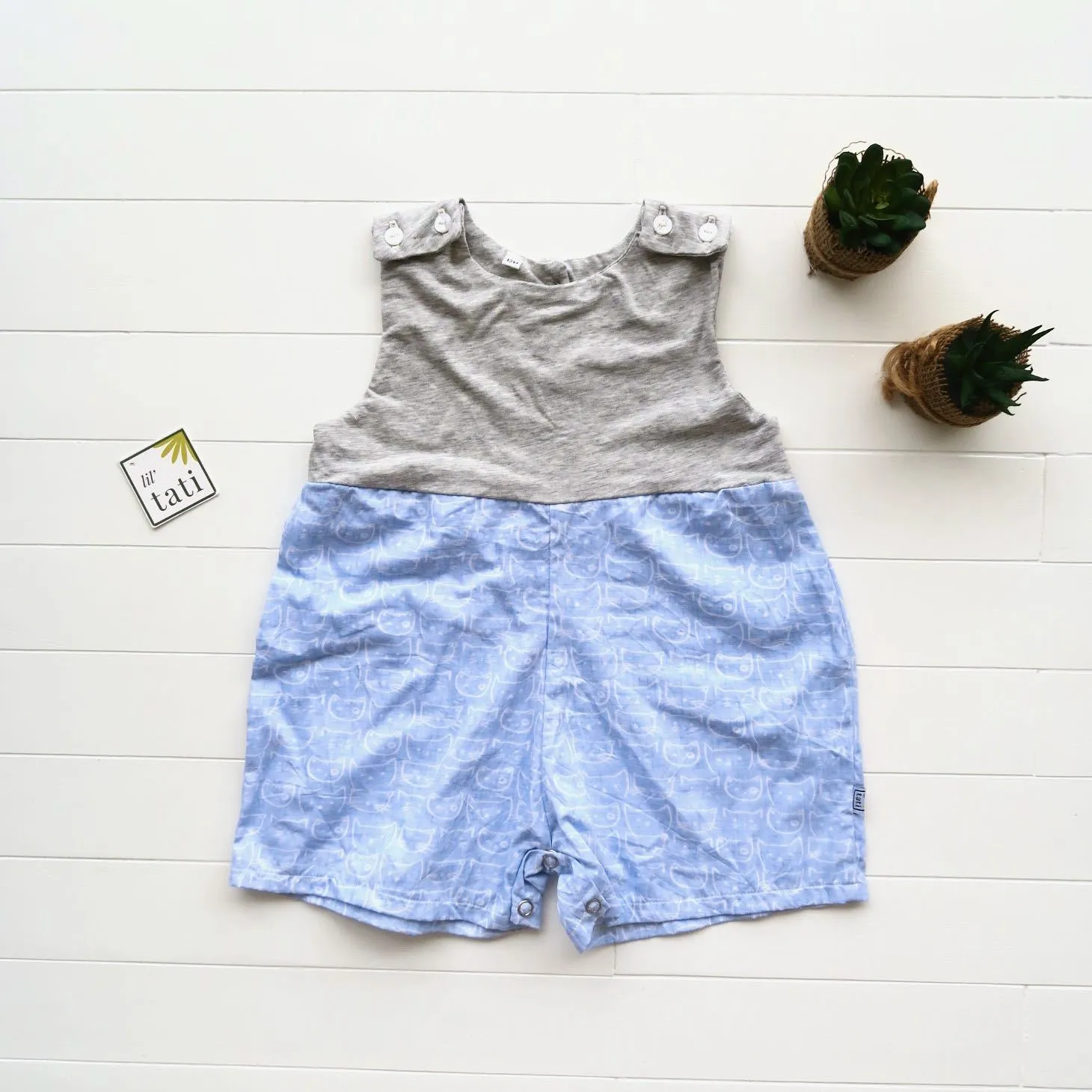 Oak Playsuit in Gray Stretch and Cat Stamp Blue Print