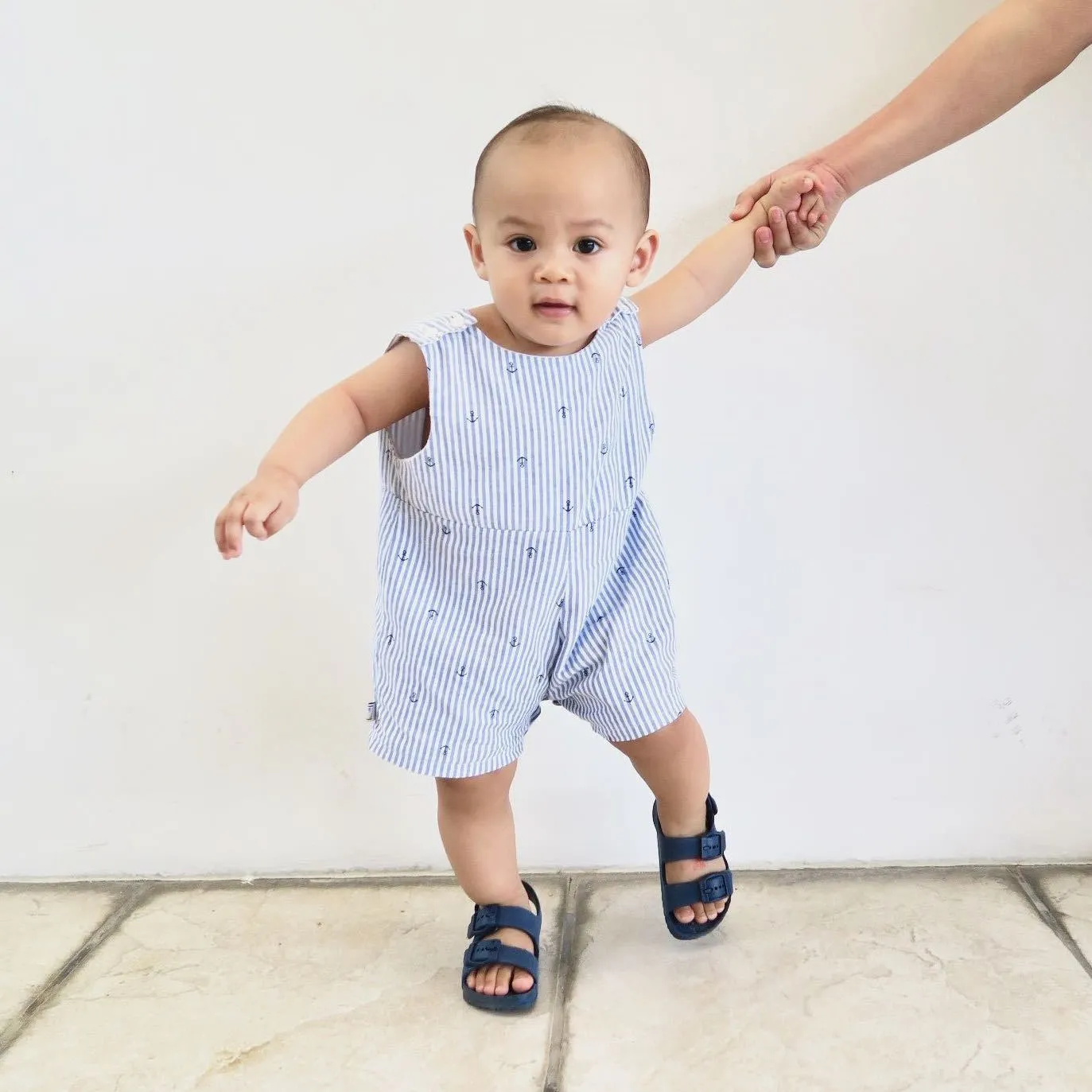 Oak Playsuit in Gray Stretch and Cat Stamp Blue Print