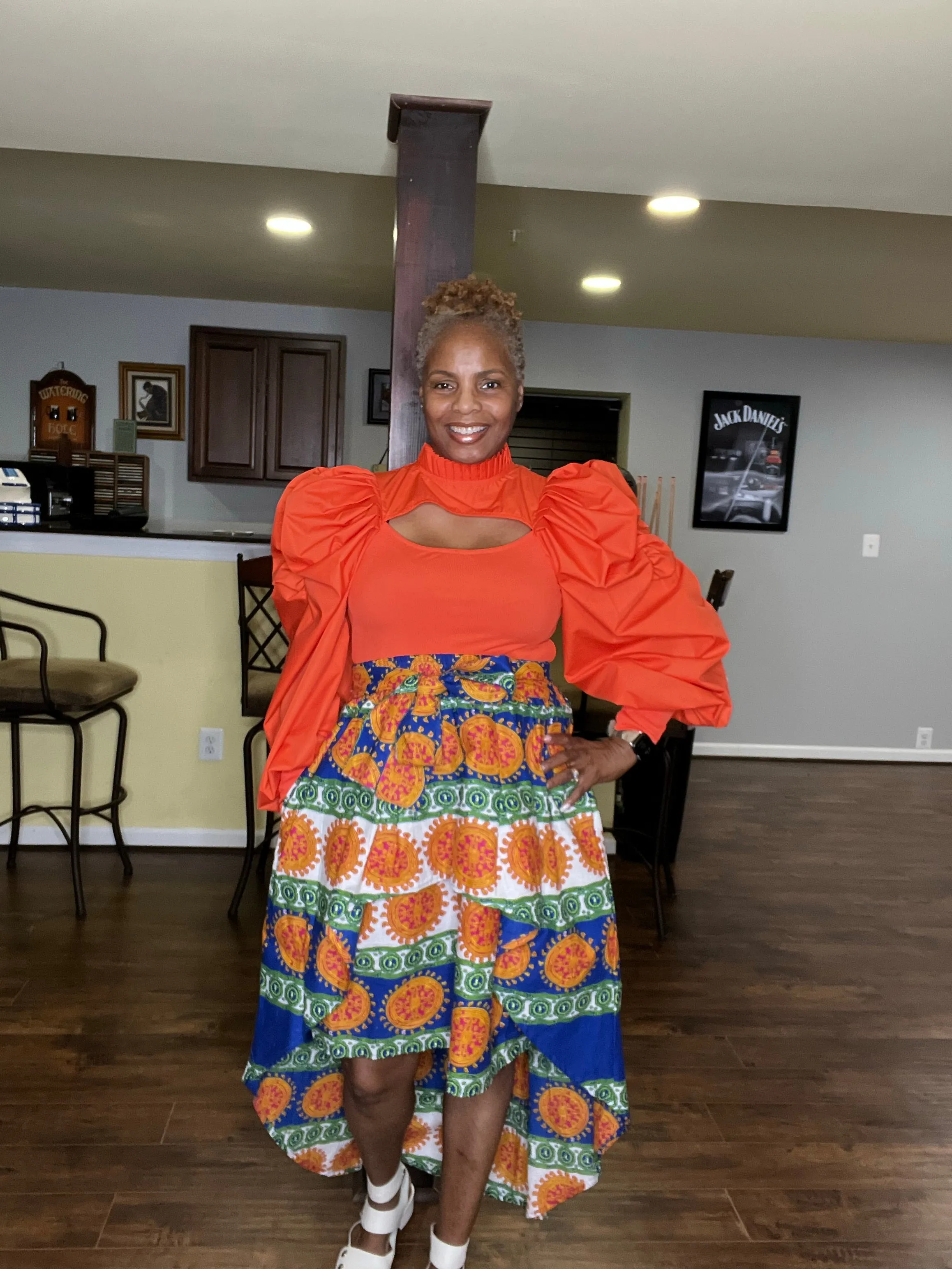 Orange & White Hi-Lo African Print Skirt