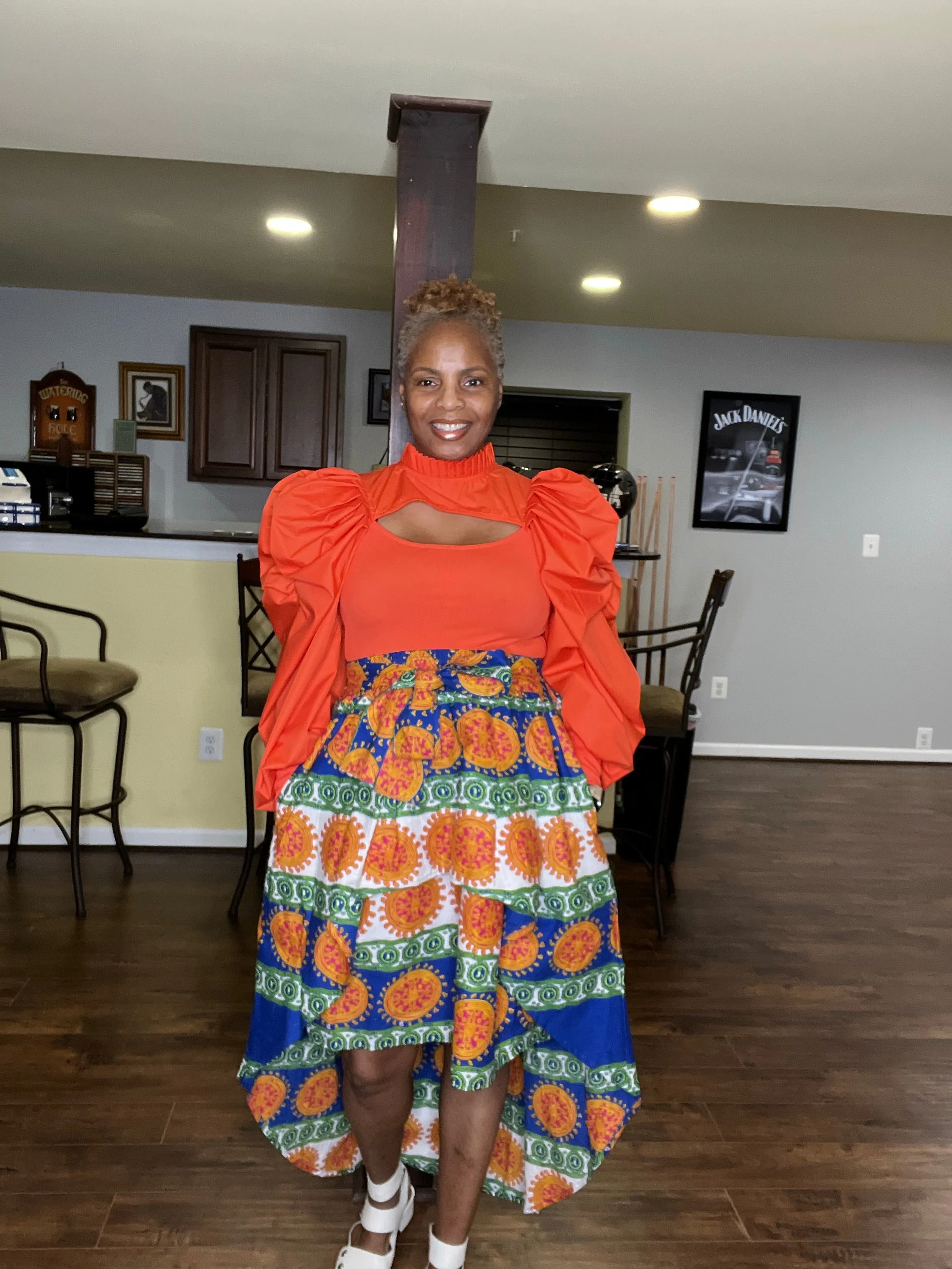 Orange & White Hi-Lo African Print Skirt