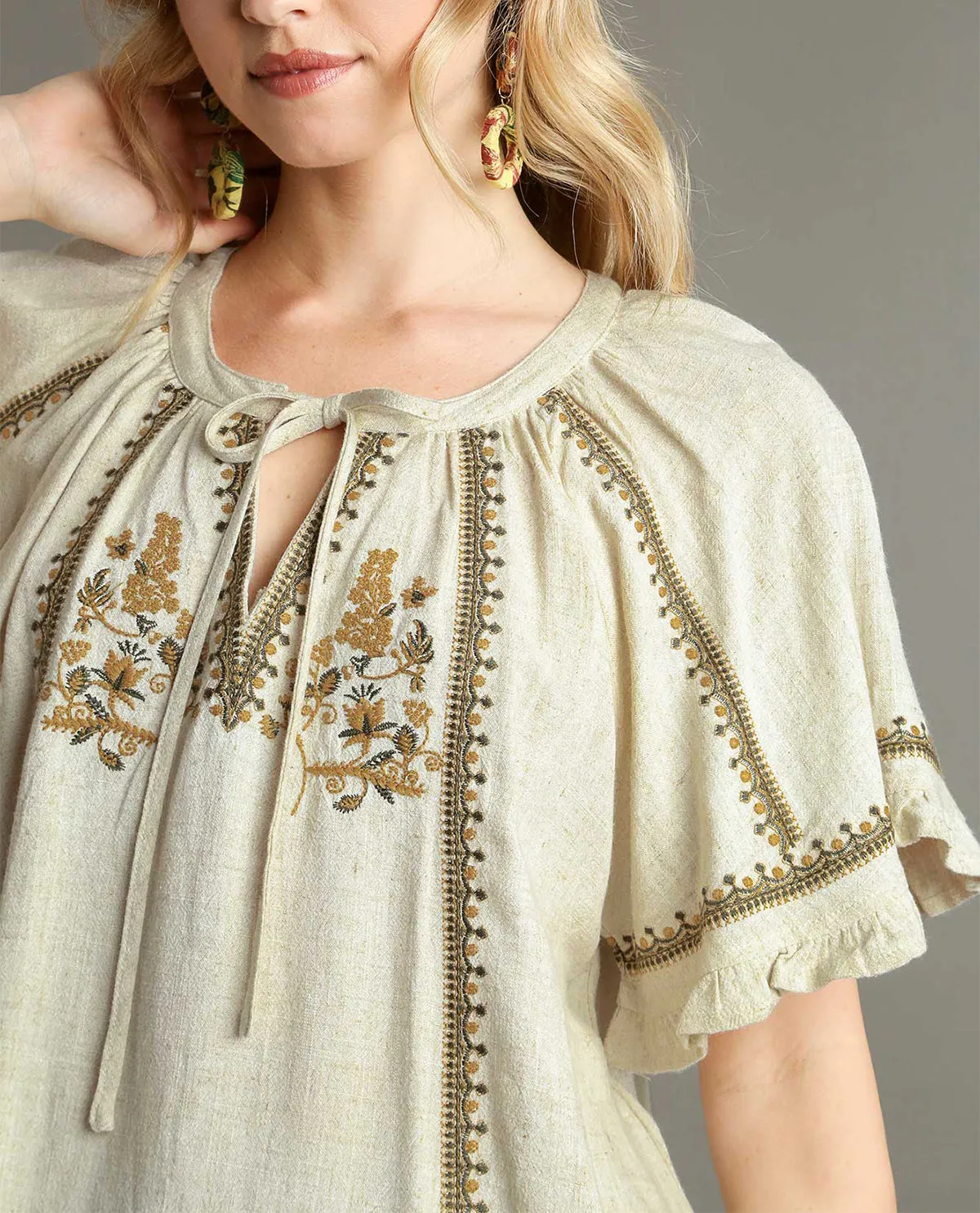 Peasant Top with Embroidery and Tassel Front Tie