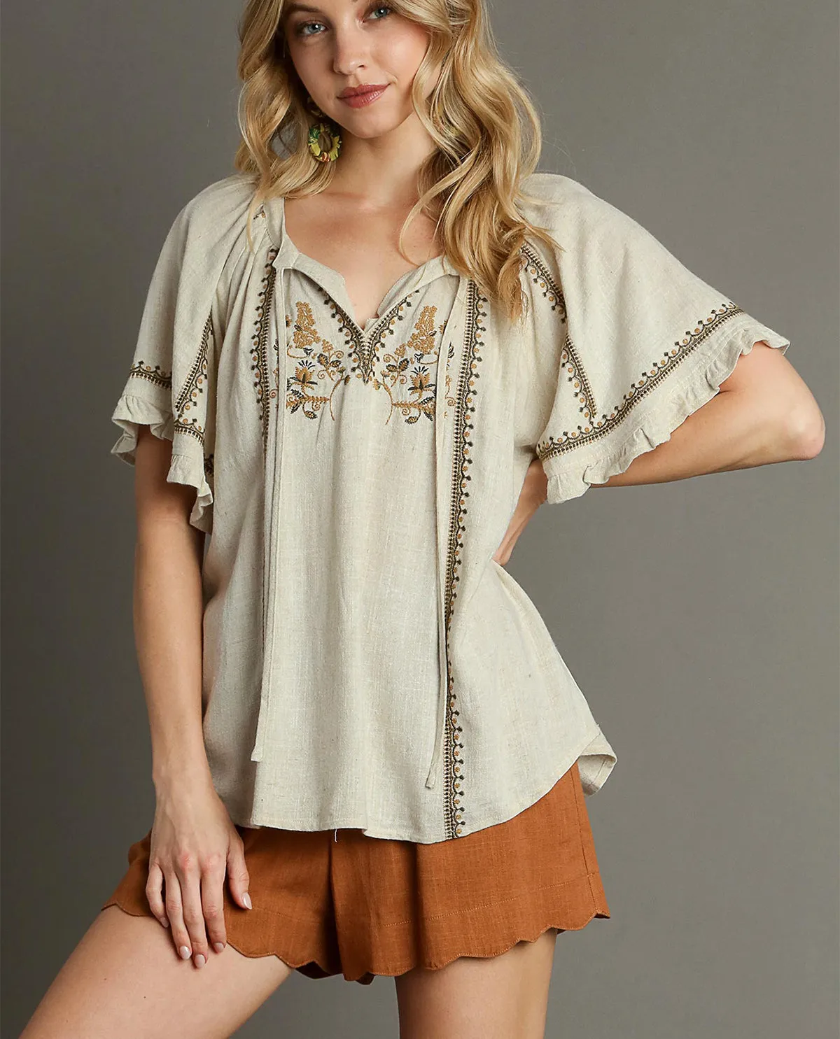 Peasant Top with Embroidery and Tassel Front Tie