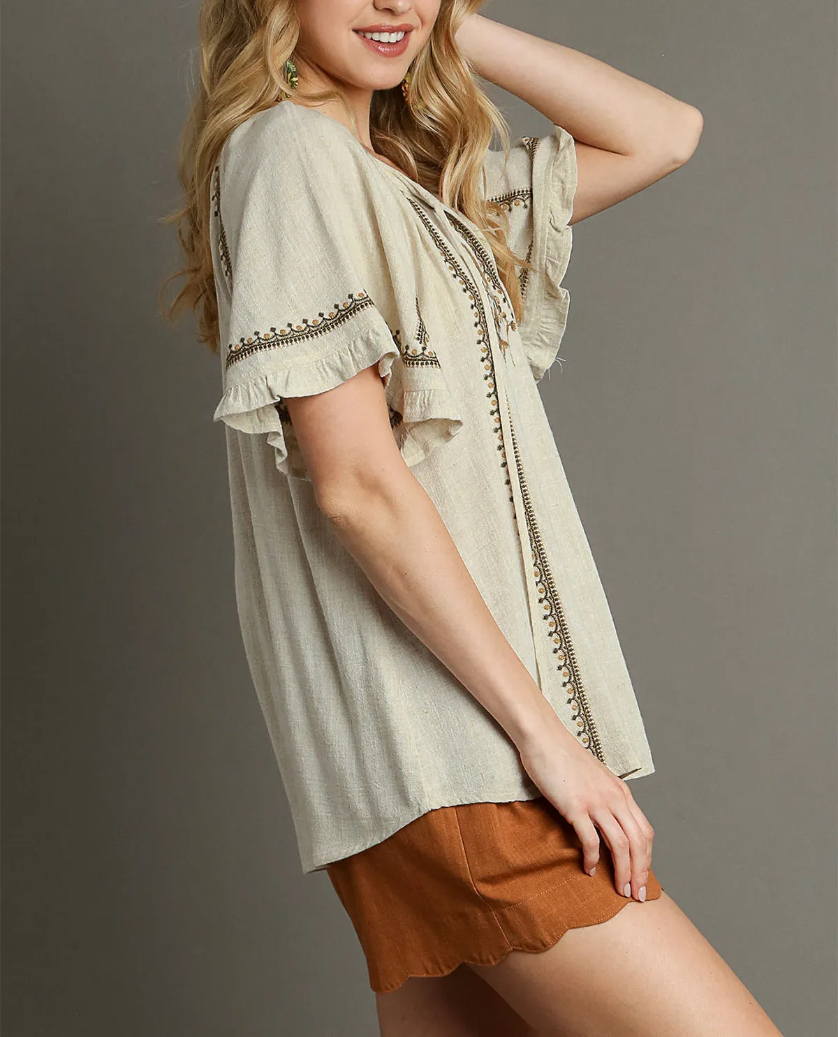 Peasant Top with Embroidery and Tassel Front Tie