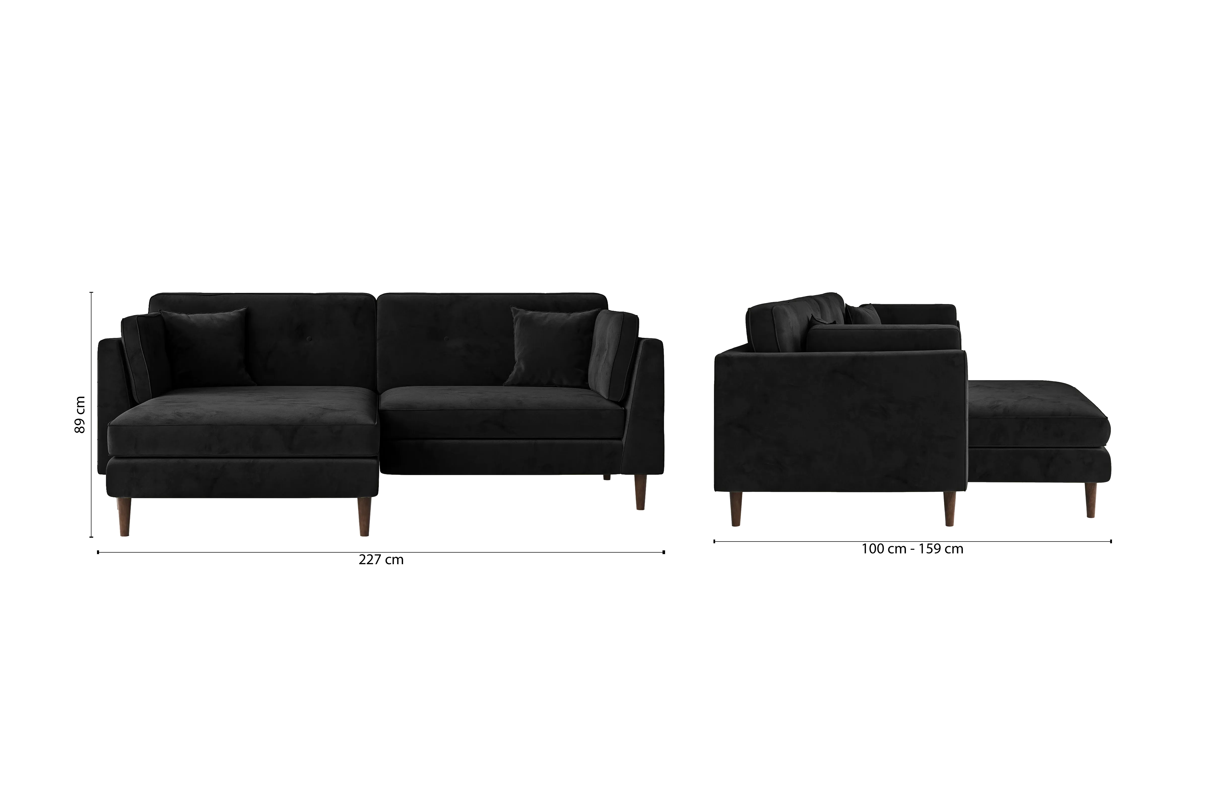 Ragusa 3 Seater Left Hand Facing Chaise Lounge Corner Sofa Black Velvet