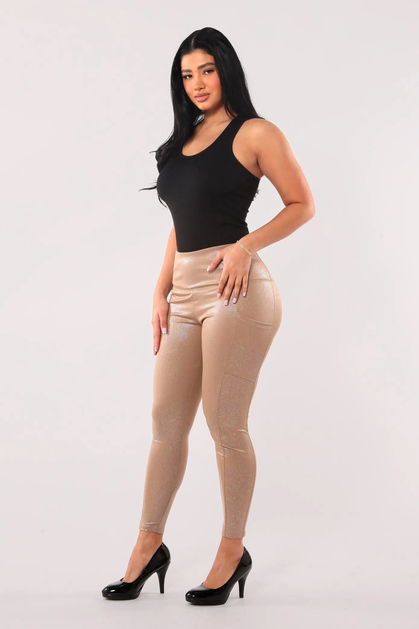 Shiny Heat Seal Print High Waist Tummy Control Sports Leggings With Pockets - Tan