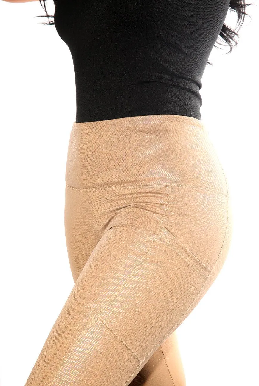 Shiny Heat Seal Print High Waist Tummy Control Sports Leggings With Pockets - Tan