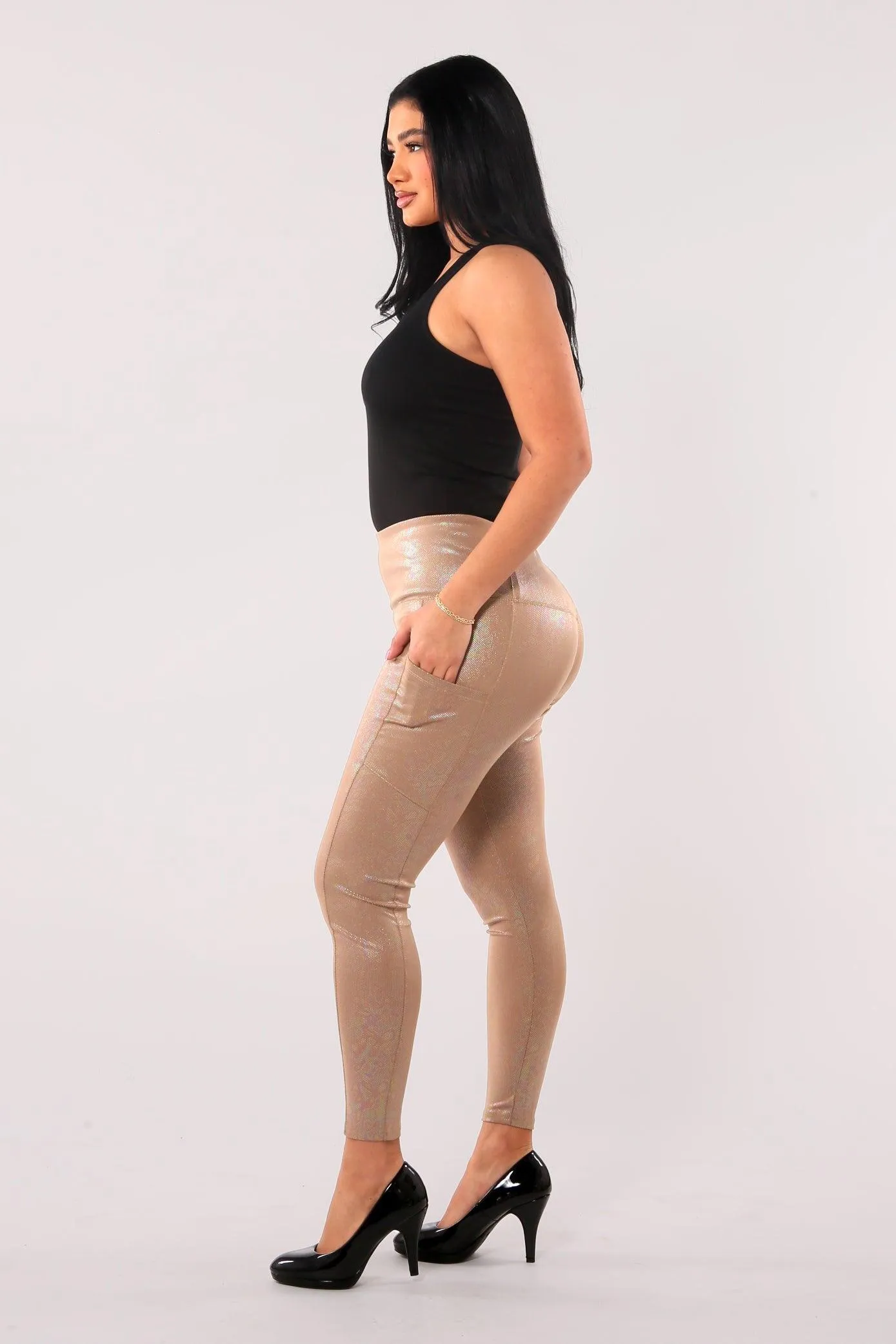 Shiny Heat Seal Print High Waist Tummy Control Sports Leggings With Pockets - Tan