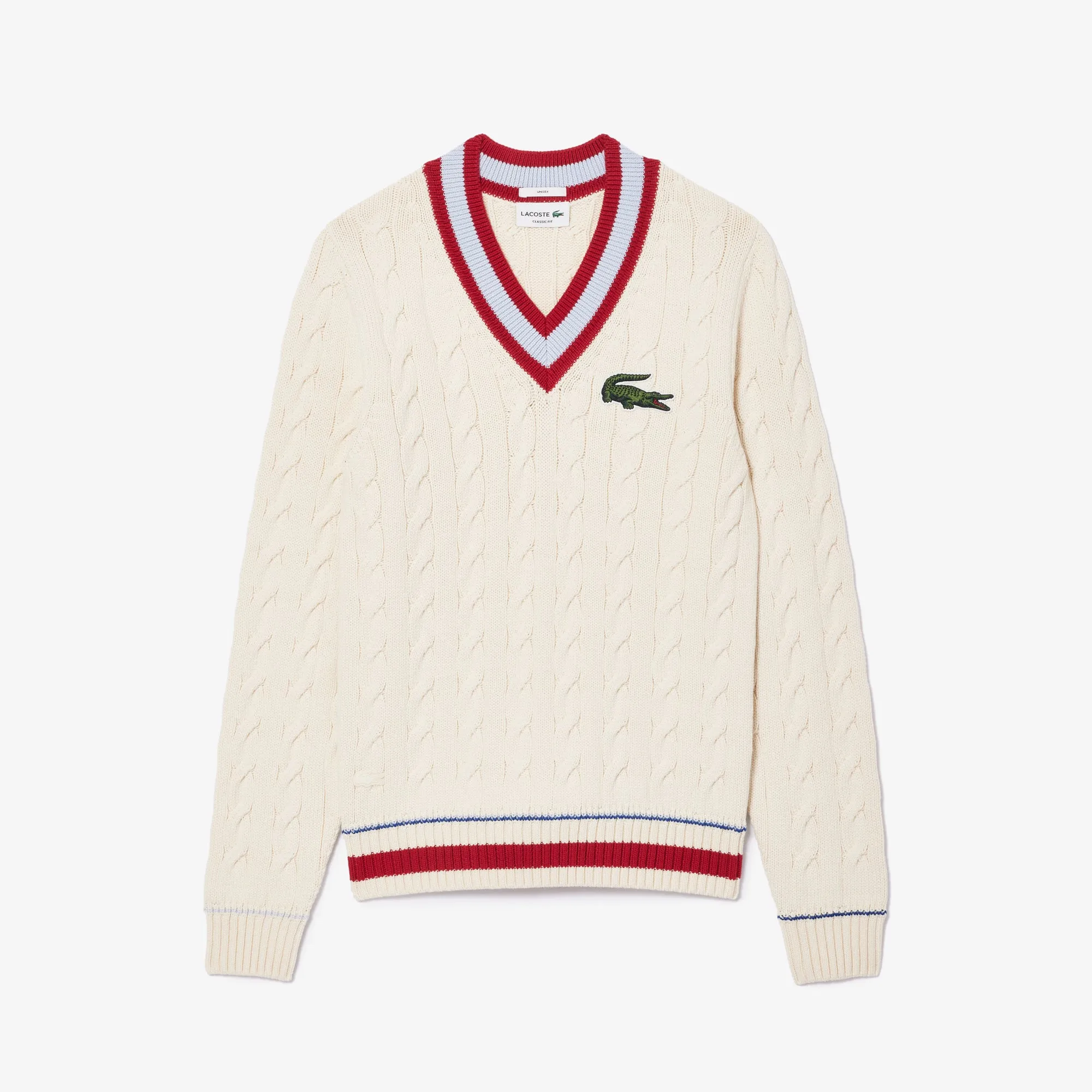 Unisex Lacoste V-Neck Cable Knit Sweater in Organic Cotton