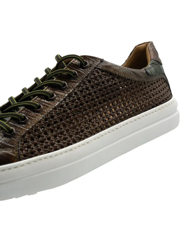 VENTO Calfskin Side Weave & Embossed Crocodile Sneaker